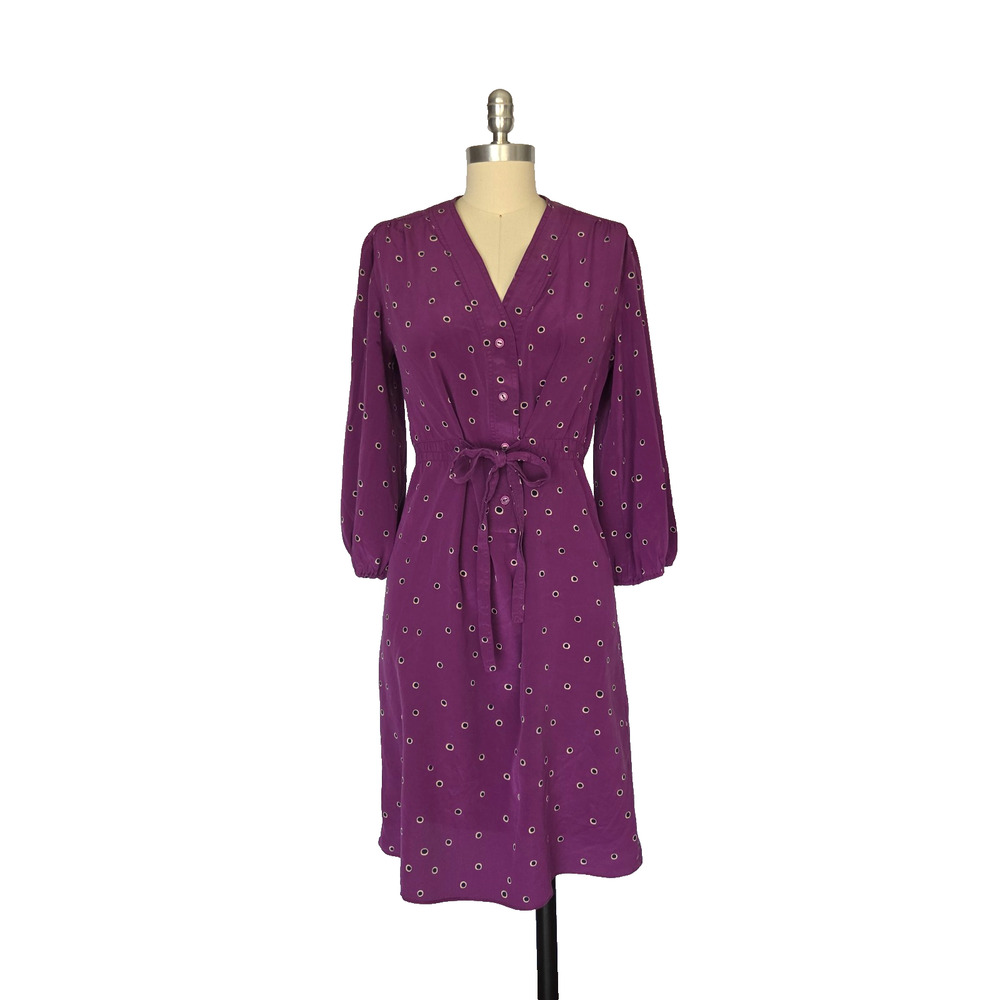 Tucker NYC Purple Tunic Midi Dress Size M Tie Front Polka Dot 100% Wool